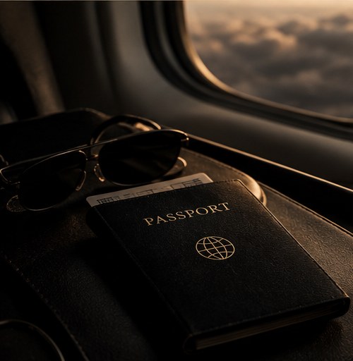 Passport and sunglasses on a table
